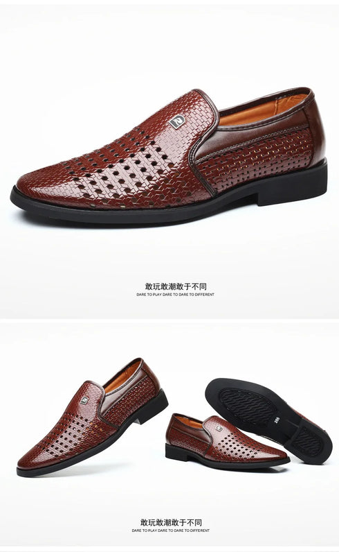 Elegant Men's Business Leather Sandals - Soft Bottom Hollow Hole Design for Middle-Aged and Elderly Dads - Comfortable Slip-On Footwear for Office and Career