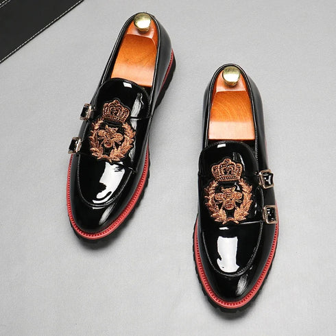 Black Patent Leather Double Buckle Loafers Men's Formal Dress Shoes Handmade Business Shoes Size 38-48