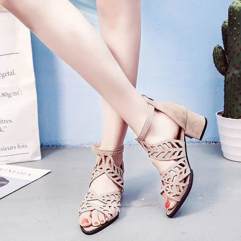 Rhinestone Faux Leather Hollow Out Thick Heel Sandals