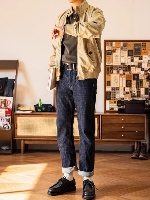 Slim Straight Button Fly Denim Jeans for Men - Heritage Style Selvedge Pants Perfect for Casual Wear and Stylish Medium Wash Jeans Outfit