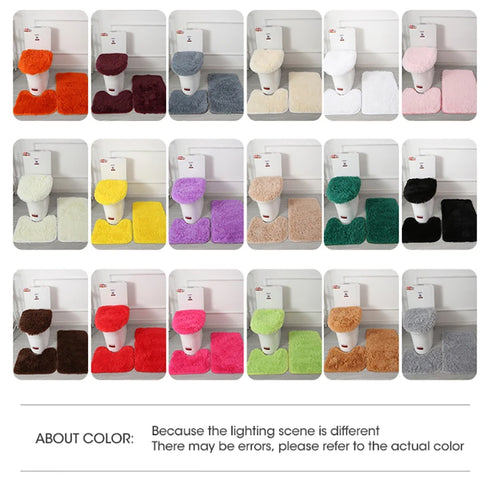 3 Piece Solid Color Bathroom Carpet Set Non-Slip Toilet Lid Cover Rugs Kit