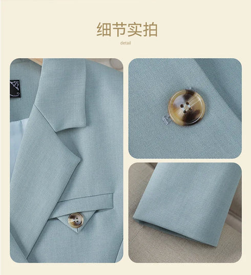 Chic Women's Office Suit Set: Long Sleeve Double Breasted Short Tops with Slim High Waisted Pencil Pants for Spring Fashion