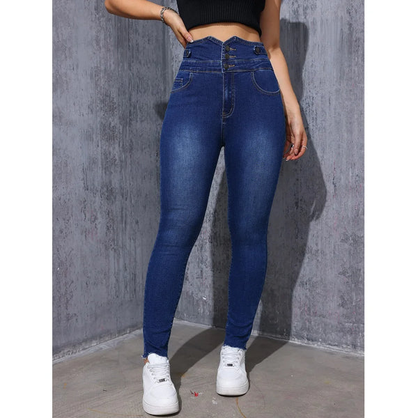High Waist Jeans for Women Slim Stretch Denim Bodycon Pencil Pants with Button Fly