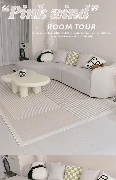 Minimalist Beige Art Stripe Carpet Soft Large Area Rug for Bedroom and Living Room Decor