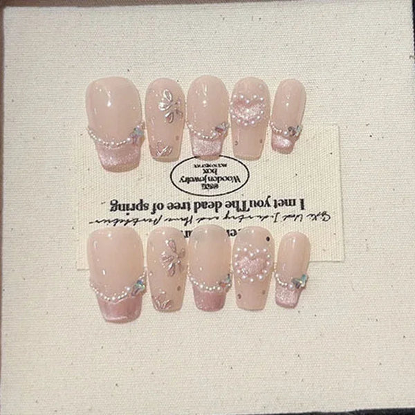 Adorable 10-Piece Handmade Cat Eye Powder Nail Art Set - Detachable Full Cover Press-On Nails for a Stylish Wearable Manicure