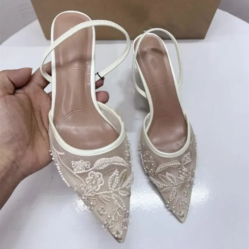 Sexy Mesh Pointed Stiletto Mules Women Heels Elegant