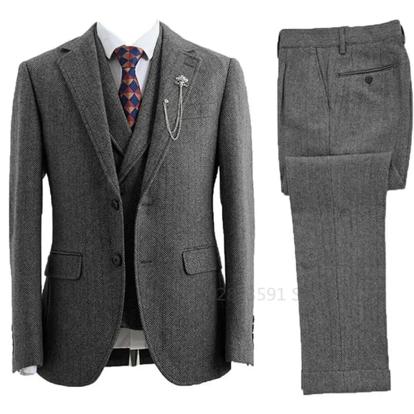 Elegant 3 Piece Tweed Herringbone Suit for Men - Double-Breasted Wedding Tuxedo