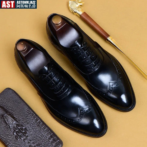 Genuine Cow Leather Brogue Oxford Shoes for Men Vintage Handmade Casual Flats