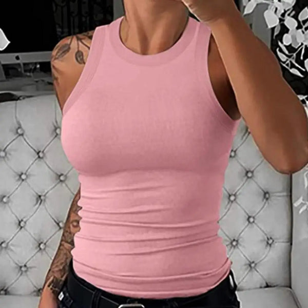 Casual Women’s Summer Essential Solid Round Neck Ribbed Tank Top - Versatile Elastic O Neck Camisole for Everyday Wear