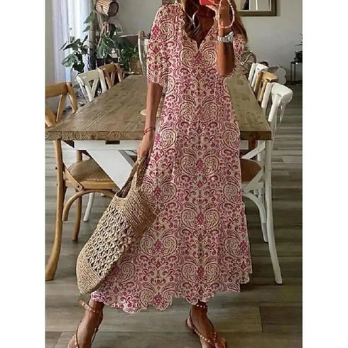 Floral Print Casual Dress for Women V Neck Half Sleeves Bohemian Holiday Beach Style