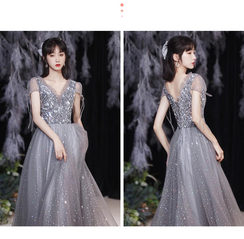 Off Shoulder Lace Illusion A Line Dress Floor Length Glitter Tulle Bow Bridesmaid Dress
