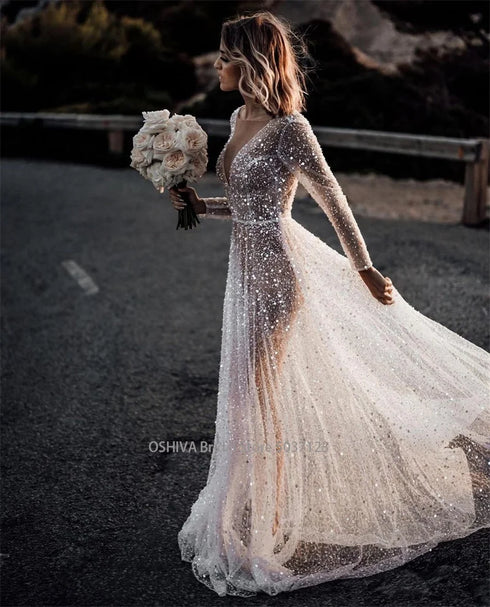 Mordern V- Neck Sequins Wedding Dresses Long Sleeves Gowns