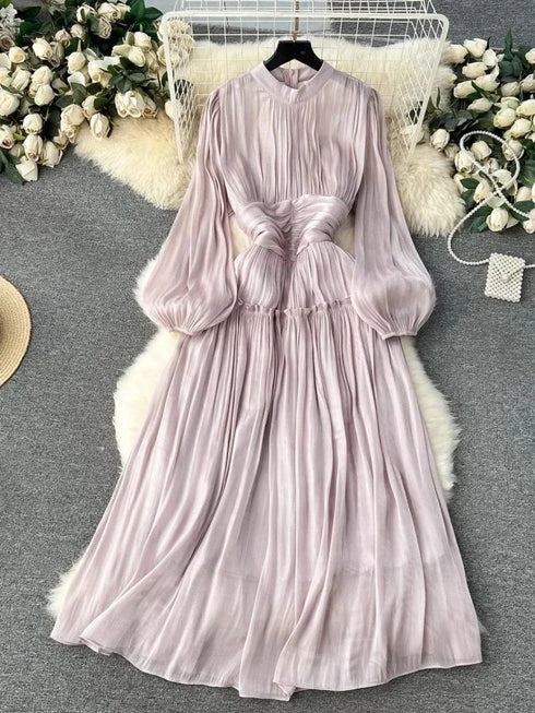 French Luxury Folds Wedding Formal Occasion Dress Women Stand Puff Sleeve Pleated Holiday Chic Robe