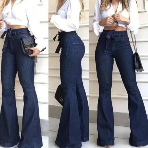 Flare Jeans For Women High Waist Denim Pants With Zipper Fly Pockets Streetwear Patchwork Slight Stretch