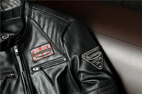 Vintage Genuine Leather Biker Jacket for Men – Slim Fit Cowhide Motorcycle Outerwear with Pockets and Embroidery Details for All Seasons