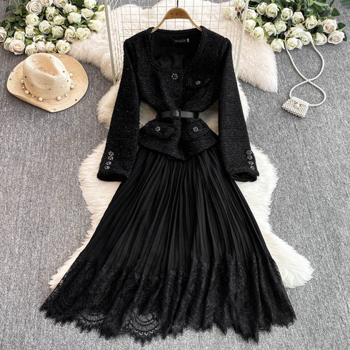 Hepburn Elegant Long Tweed Dresses Women Autumn Party Luxury Robe