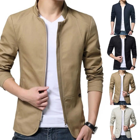 Autumn Men's Casual Slim Fit Stand Collar Zipper Blazer Jacket