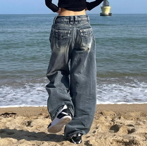 90s Grunge High Waist Wide Leg Denim Pants for Women - Casual Streetwear Style, Perfect for Fall Outfits with Jeans, Oversized Baggy Look