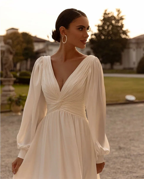 Boho Chiffon Long Sleeves A Line Wedding Dresses Custom Made