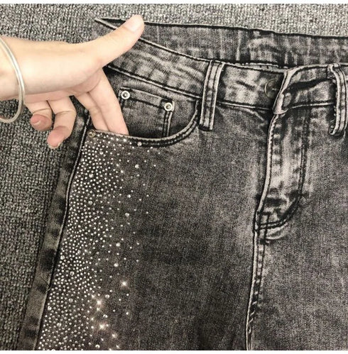 Fashion Rhinestone Jeans Female High Waist Slim Pencil Pants