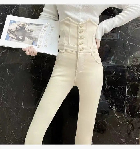 Beige Super High Waist Pencil Jeans Women Korean Slim Denim Pants