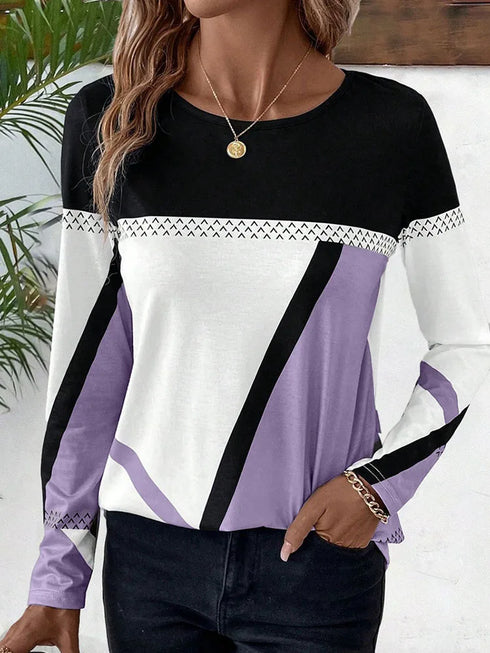 Casual Women's Geometric Print Long Sleeve T-Shirt Loose Fit O-Neck Tee