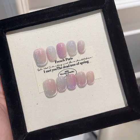 10-Piece Cat Eye Press-On Nail Set - Short Candy Halo Acrylic False Nails for Summer Parties, Full Cover Ballerina Style with Glue, Perfect for Nail Art and Professional Use