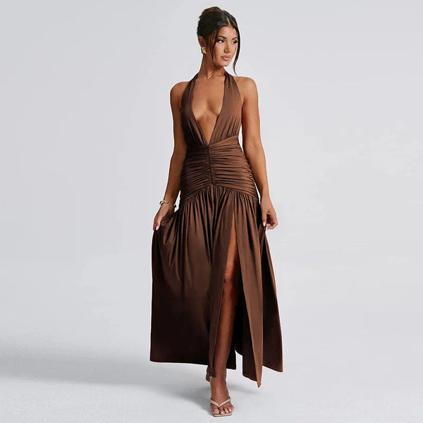 Hanging Neck V-Neck Backless Pleated Slit High Waist Long Dress