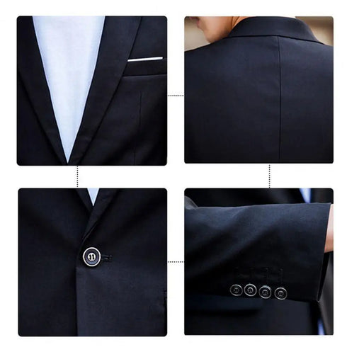 1 Set Men Jacket Pants Solid Color Turndown Collar Slim Fit Business Suit Set for Wedding Office