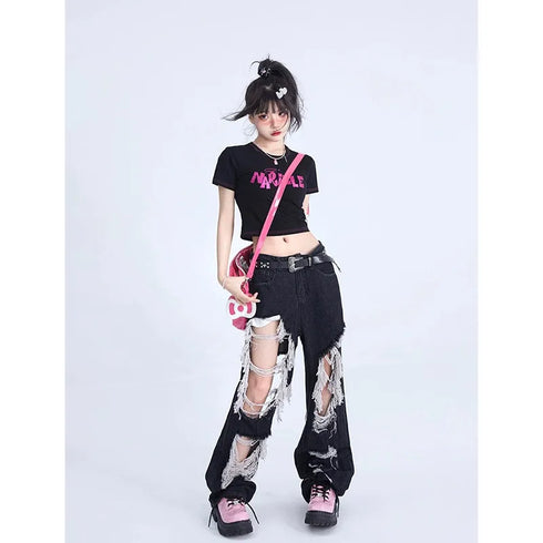 Gothic Vintage Wide Leg Black Jeans for Women – Ripped High Waist Denim Trousers for Y2k Streetwear and Harajuku Casual Style – Perfect for Fall Outfits and Black Jeans Outfit Inspo