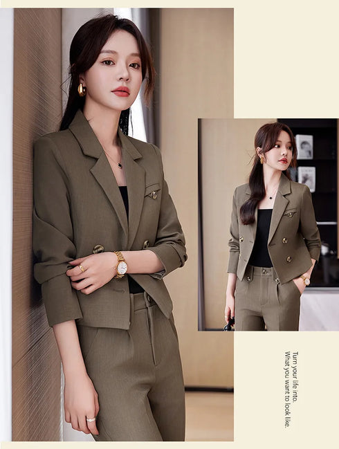 Chic Women's Office Suit Set: Long Sleeve Double Breasted Short Tops with Slim High Waisted Pencil Pants for Spring Fashion
