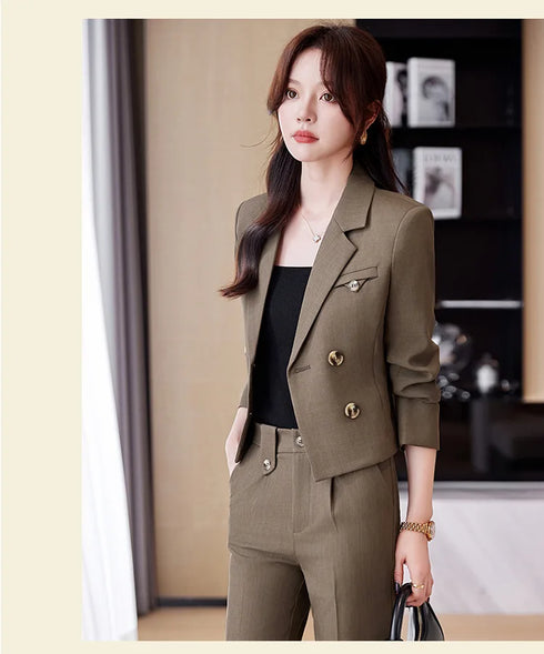 Chic Women's Office Suit Set: Long Sleeve Double Breasted Short Tops with Slim High Waisted Pencil Pants for Spring Fashion