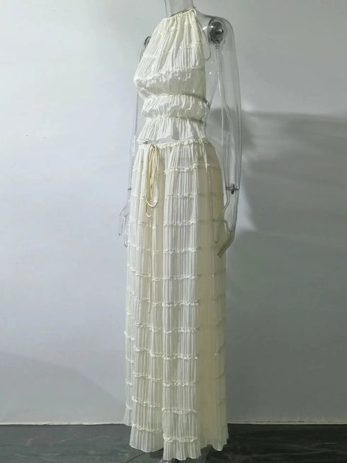 Fashion Halter Neck Maxi Skirt Suit for Women Backless Lace Up Two Piece Summer Outfit