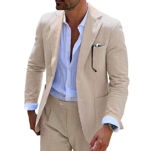 Summer Stripe Men Suit 2 Piece Seersucker Notched Lapel Jacket Pants Casual Blazer Slim Fit