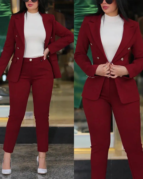 Chic Women's Long Sleeve Suit with Slim-Fit Wrap Buttock Pencil Pants – Elegant 2 Piece Office Ensemble for Autumn and Winter Fashion