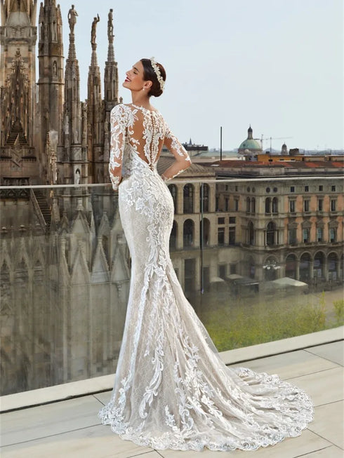 Luxury Mermaid Wedding Dress Sheer O-Neck Long Sleeves Detachable Train Lace Appliques Bridal Gown