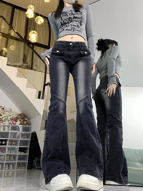 Casual Flare Jeans for Women - Embrace 90s Gyaru Fashion with Slim Fit Low Waist Bell Bottoms, Perfect for Fall Outfits and Black Jeans Outfit Inspo