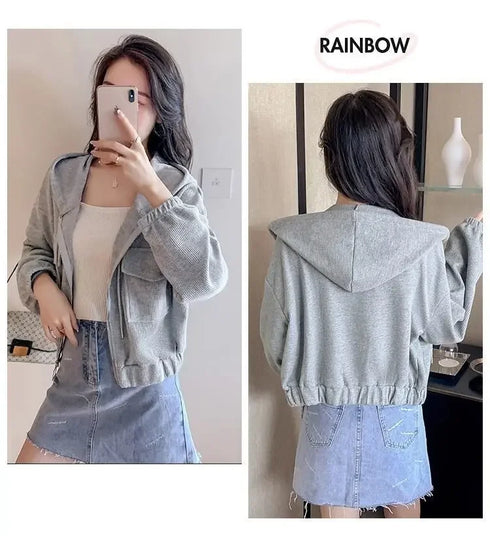 Hooded Spring Jacket for Women Short Summer Thin Zipper Cardigan Loose Work Casual Top