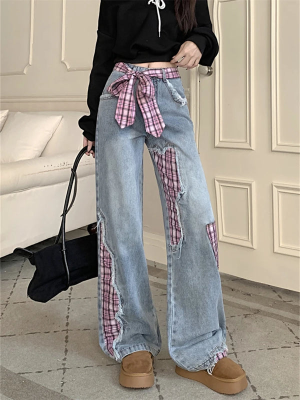 Women's Grid Splicing Bow Patch Jeans Vintage Streetwear Casual Pants