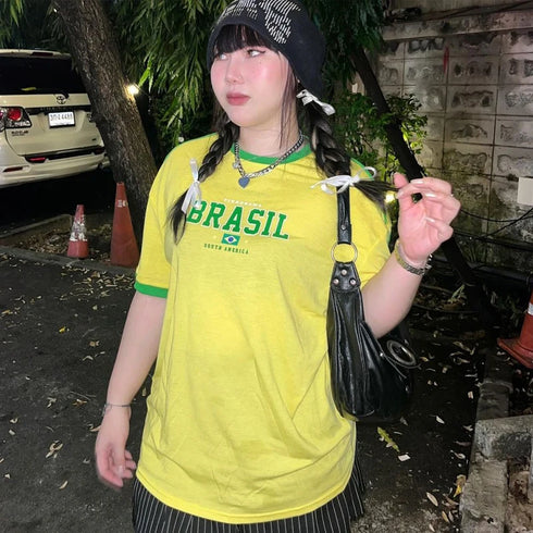 Europe and the United States loose letters yellow green top Y2K women's summer T-shirt sexy clothing street