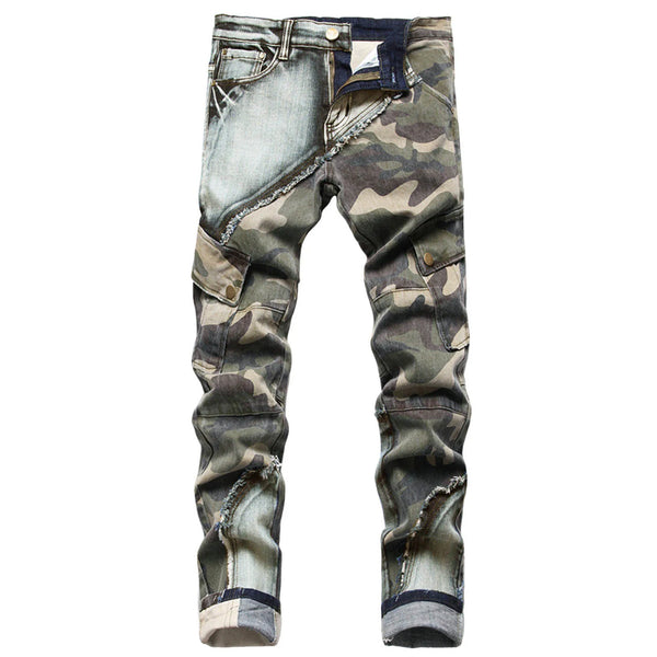 Men's Jeans Vintage Distressed Camouflage Ripped Patchwork Denim Pants