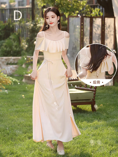 Bridesmaid Dress Satin Off-Shoulder Ruffle A-Line Floor-Length Lace-Up Gown Wedding Dress