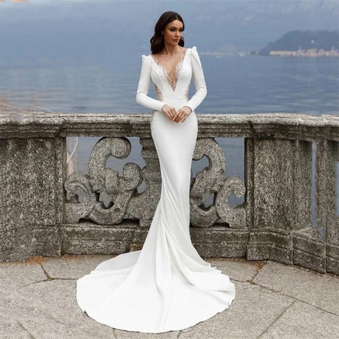 Boho Deep V Neck Wedding Dress Mermaid Ball Gown with Cut Out Appliques and Court Train