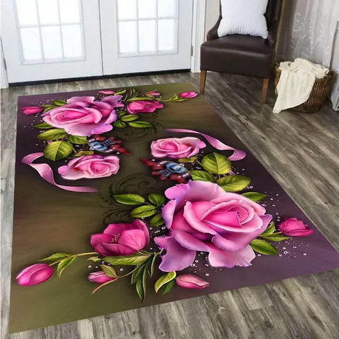 Rose Flower Carpet Area Rug for Living Room and Bedroom Decor
