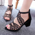 Rhinestone Faux Leather Hollow Out Thick Heel Sandals