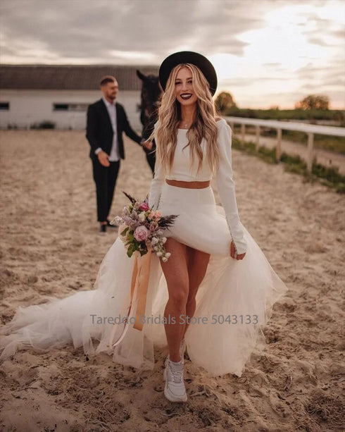 Customized Two-Piece Bohemian Jersey Wedding Dress Casual Bridal Dress