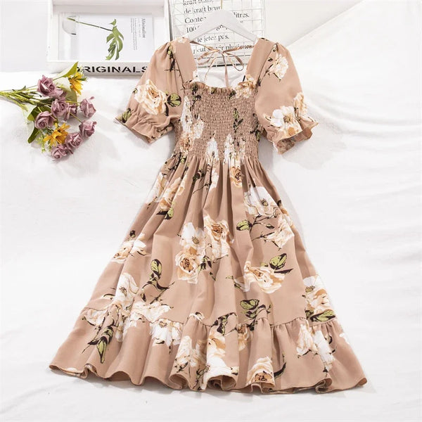Chic Spring Summer A-Line Chiffon Dress with Elastic Waist and Pleated Detail for Women