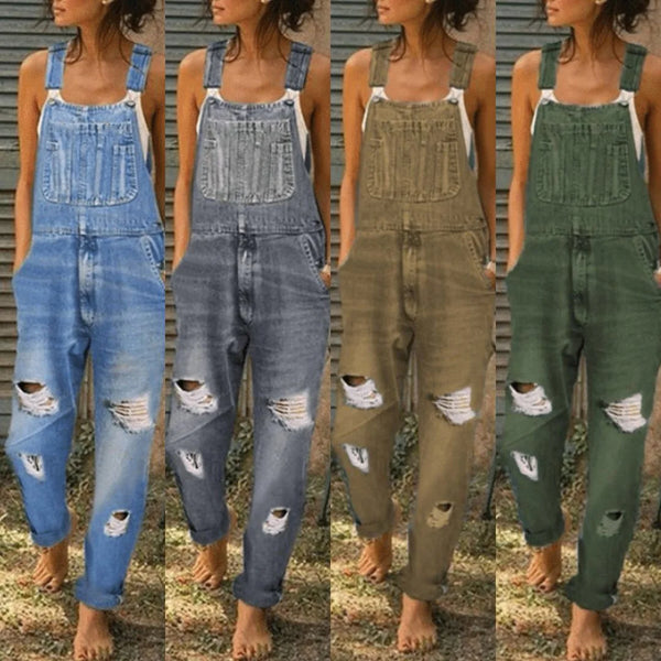 Distressed Denim Overalls For Women Jeans With Pockets Ankle Length Straight Fit