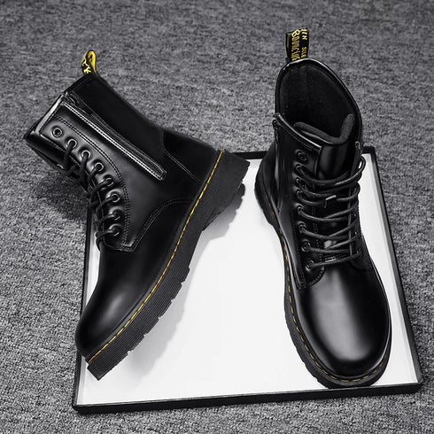 Men's Classic Leather Biker Boots - Trendy Waterproof Ankle Footwear for Autumn & Winter