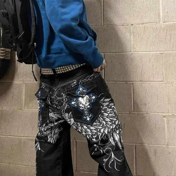 Hip Hop Fashion Y2k Street High Waist Gothic Skull Geometry Men Jeans Loose Pants